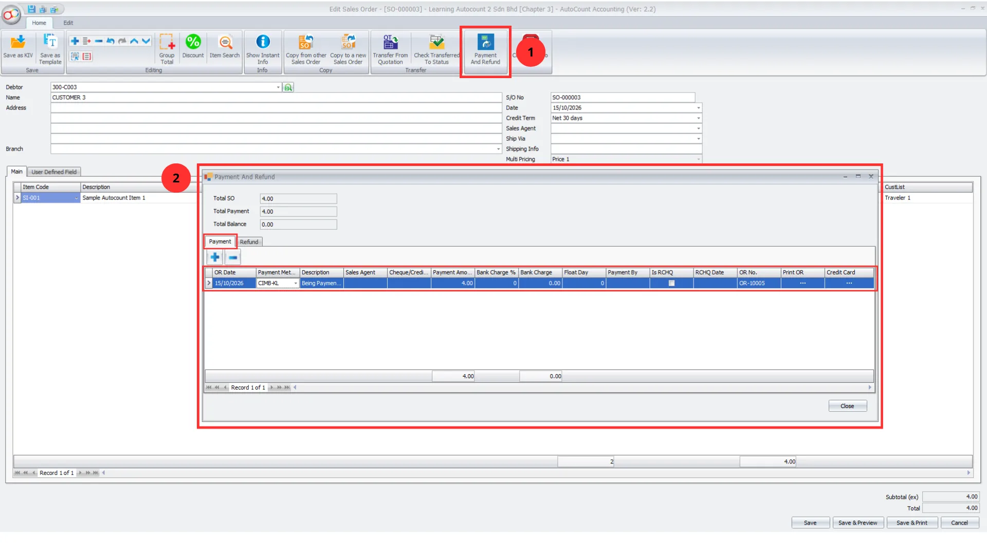 Payment tab of the Tour Plugin Payment And Refund dialog on a Sales Order, with the Payment