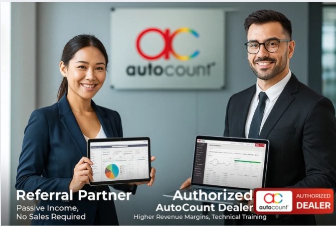 AutoCount Referral Partner and Dealer with software display